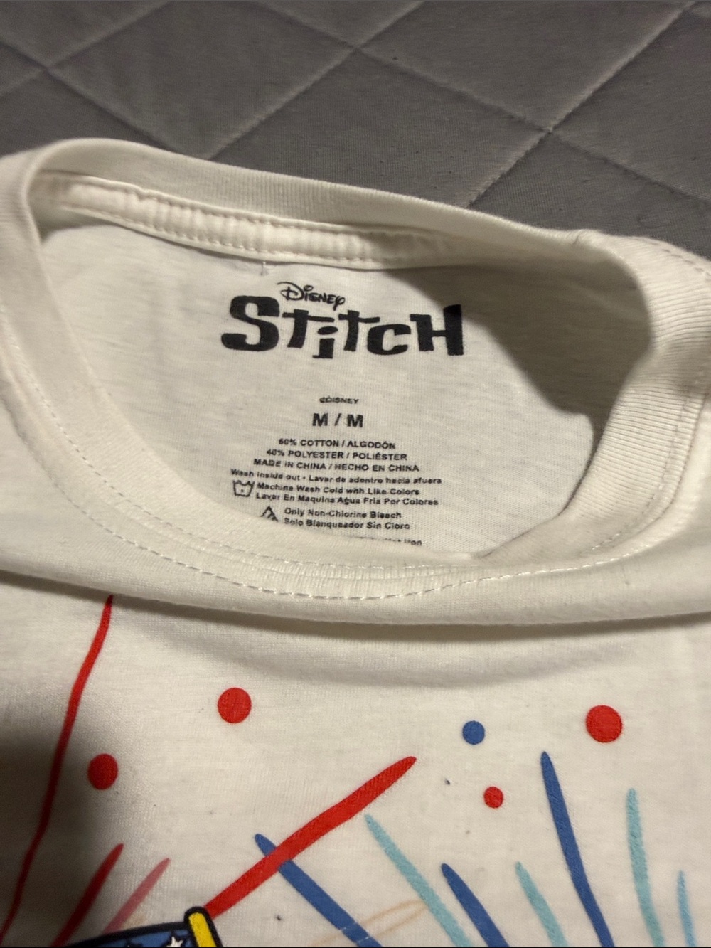 Disney White Tee with Blue Stitch Holding American Flag and Fireworks (medium) - Picture 3 of 6